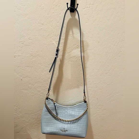 NWT Kate Spade Zippy Croco Feosted Blue Embossed Shoulder Bag with Gold Chain - Picture 2 of 4